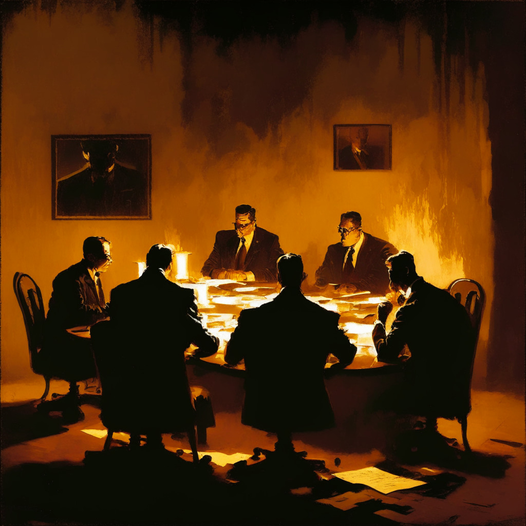 A tense boardroom scene, dimly lit by evening glow, stressed figures engaged in deep discussion symbolizing skepticism and challenges. Vintage oil paint aesthetic for a moody, eclectic feel. Strong presence of 1.8 million tiny specters representing creditors, subtly influencing the dynamics. Central focus on a phoenix rising from flames, embodying FTX's revival attempt, under a new, capable leadership guiding the scene. In the background, a shadowy figure representing unsecured creditors in the dark.