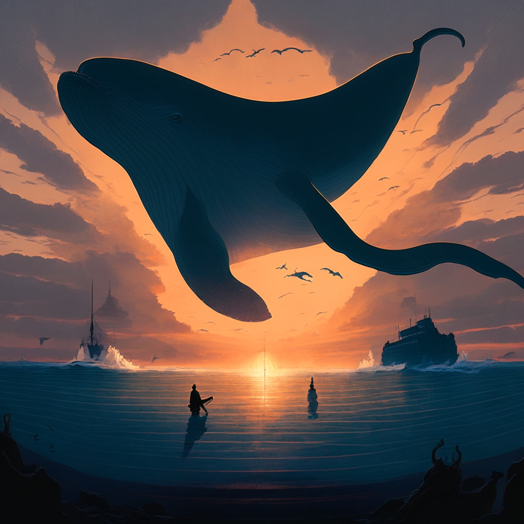 A mysterious scene in a neoclassical style, twilight setting casting long shadows, with intense mood. Depict a large, dramatic whale symbolizing a crypto whale making two significant deposits. Reflect a journey between two parts, representing inflows and outflows, emitting an aura of mystery and intrigue. Show the vibes of a vibrant and dynamic crypto market, yet hinting at a slight apprehension.