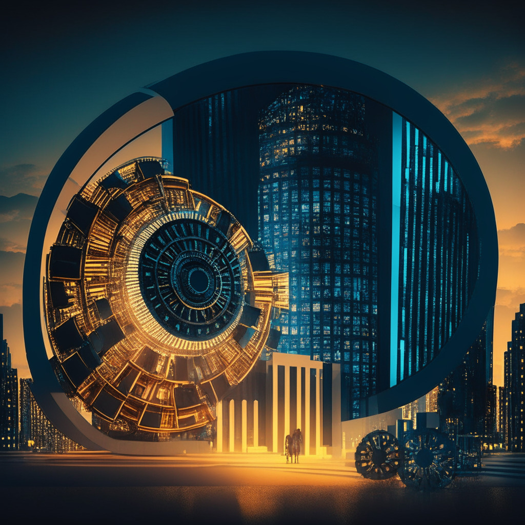 A dusk-lit scene in an art deco style, encompassing a large wheel with smaller cogs to signify the broader digital asset industry and smaller regulatory components, reflecting uncertainty and anticipation. A modern office in the background, indicating a corporate regulatory environment. A 'for sale' sign and a digital ledger book are subtly intermingled within the scene to denote the interchange of assets and the prominence of blockchain technology. Edges are blurred slightly to depict ambiguity, potential repercussions, and privacy concerns.