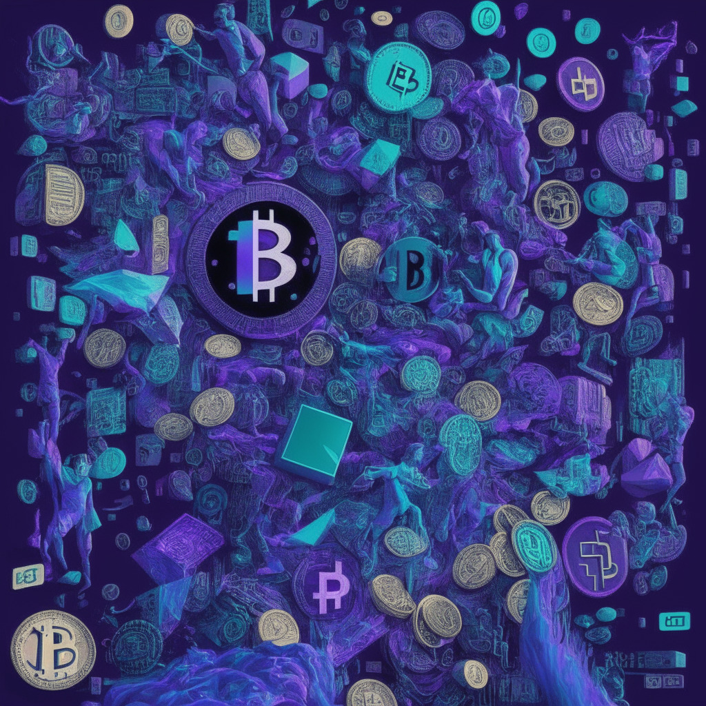 Contemporary surrealist style image showcasing the digital world of cryptocurrency, starring key players like symbolic representations of Vitalik Buterin and others, Ethereum coins scattered around. Decorative blockchain links are prominently displayed, representing the dynamics of the crypto market. The palette is a low-light mix of vibrant violet and mysterious cyan, underlying the high-stakes atmosphere inherent to the constant shakeup of the crypto universe. Suspense feels palpable, the market's volatility mirrored by swirls of stormy clouds looming over. Illuminating light accents focus on Ethereum coins and Buterin's figure, signifying critical impact of his actions.