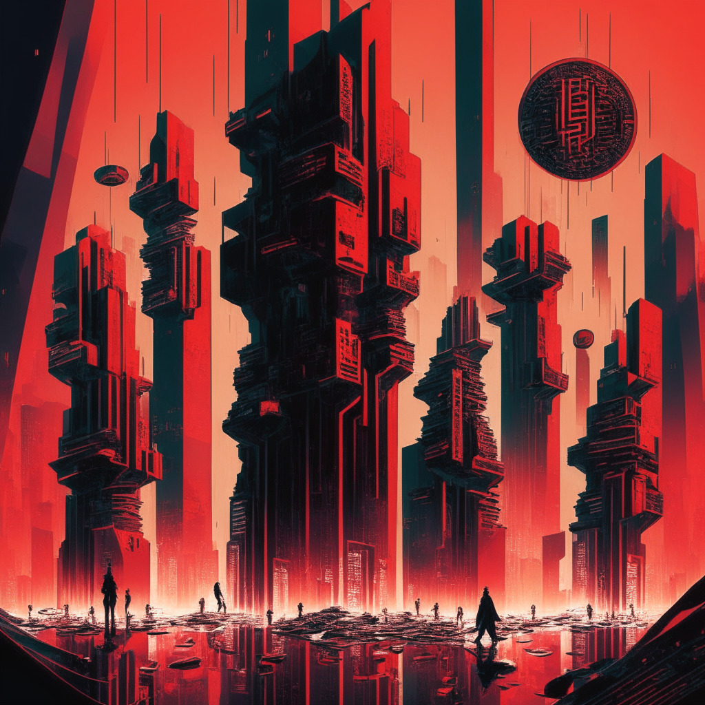 A depiction of an abstract, cyber-punk style cityscape reflecting the turbulence of the cryptocurrency market. High-rise buildings shaped like stacked ether coins, faint security shields hovering, their glow dim in response to a security breach. A group of wizards, their figures made from digital codes, working determinedly towards recovering a leaking fountain of ether. Undertones of red and orange to illustrate the tension and urgency of the situation. A large, red stop sign emanating from a watering can depicting the liquidity freeze. A dark alley, filled with discarded meme-coins signifying rugpull, hinting at the perils in the shadows of this tech metropolis. But despite the chaos, a beacon of warm-toned light piercing the sky, a sign of optimism and undeterred enthusiasm towards the potential of blockchain technology.