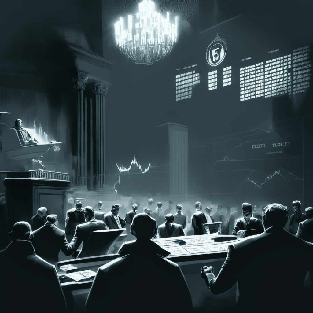 A chiaroscuro styled courtroom scene, featuring a digital representation of a 'frozen' crypto account, alluding to a tug of war. Use shades of grey to highlight the tension & conflict. Integrate subtle iconography of REELT tokens and $200,000 in the background, merging with faint images of crypto market charts. Portray a battle between a single individual & a sizable institution, using a muted and somber color palette to reflect mood of the situation.