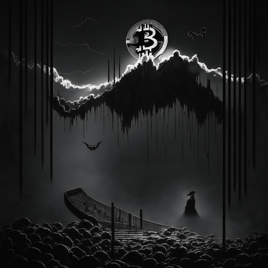 A dramatic image showcasing the concept of Bitcoin's value plummeting by 8%. Scene features a rollercoaster marking the highs and lows in cryptocurrency, presented in noir-style. Introduce dark, ambivalent tones to symbolize uncertainty and volatility. Apply a moody twilight lighting and many looming shadows to set the precarious atmosphere.
