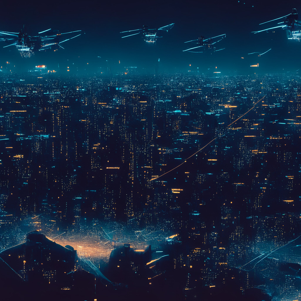 A panoramic view of a vast cyber world, transitioning from bright hustling markets to still, dark streets, illustrating the reduction in NFT trading. On one side, developers under soft lamplight, crafting glowing chains, symbolizing the resilience by churning out smart contracts. Nearby, a plane flyover, honoring the aviation industry's foray into blockchain. The mood is somber yet hopeful, the art style, a mix of realism and cyberpunk.