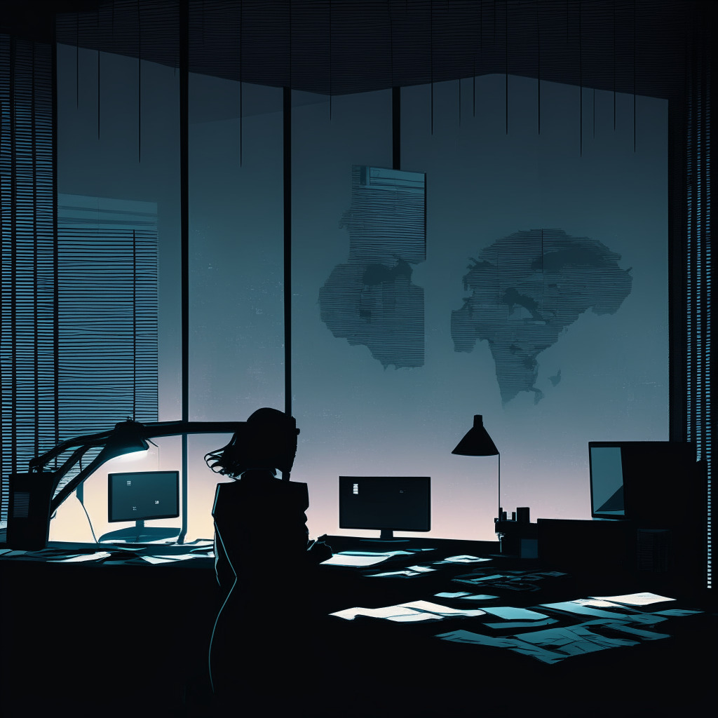 A twilight scene in a high-tech, neo-noir style. The centerpiece: an indiscernible figure behind a veil, symbolizing Satoshi Nakamoto. Papers scattered on a sleek, futuristic desk, coded messages in SHA-256, hinting at the mystery of Bitcoin's birth. The world seen through a window is illuminated by an enigmatic, dimly-lit half-moon, emanating an air of suspense, mystery, and curiosity.