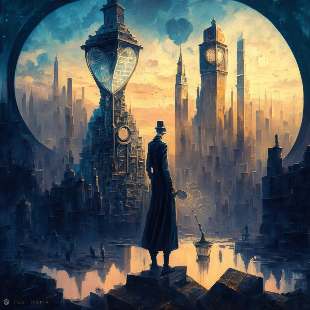 A dusky, impressionist style landscape depicts the world of Bitcoin analytics. Innovative structures resembling 'Cointime Economics' and 'coinblocks' rise from a broad, detailed cityscape. In the foreground, an ethereal figure, embodying the hodlers, holds an hourglass symbolizing time. The scene paints mixed emotions - intrigue, promise, confusion.