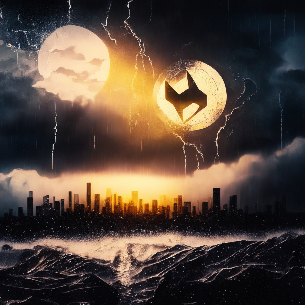 A stark image representing the recent downturn of SHIB token's price against a backdrop of a glitched digital landscape under a stormy sky, symbolizing Shibarium's technical woes. The mood is tense, capturing the uncertainty of the crypto market, illuminated by the harsh light from falling digital stars, representing SHIB's declining value. A contrasting corner showcases a rising sun, casting a warm but cautious optimism, hinting at potential new meme tokens' success.