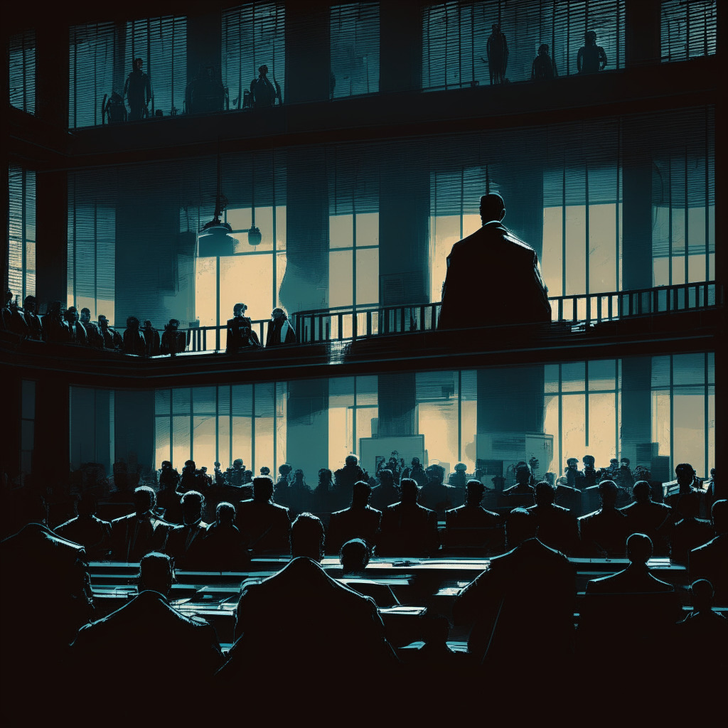 A dramatic judiciary ambiance flooded courtroom, eyeing the shadowy figure of Sam Bankman-Fried caged, awaiting impending blockchain trial, refusing to acknowledge criminal accusations. Surrounding him are towering legal dossiers and stealthy silhouettes of jurors, in dusk lighting. A swift transition reveals an abstract computer network glowing, embodying escalating cyber threats, intricate digital currencies whirling, AI-defense rising, hinting at a tense, suspense-filled mood.
