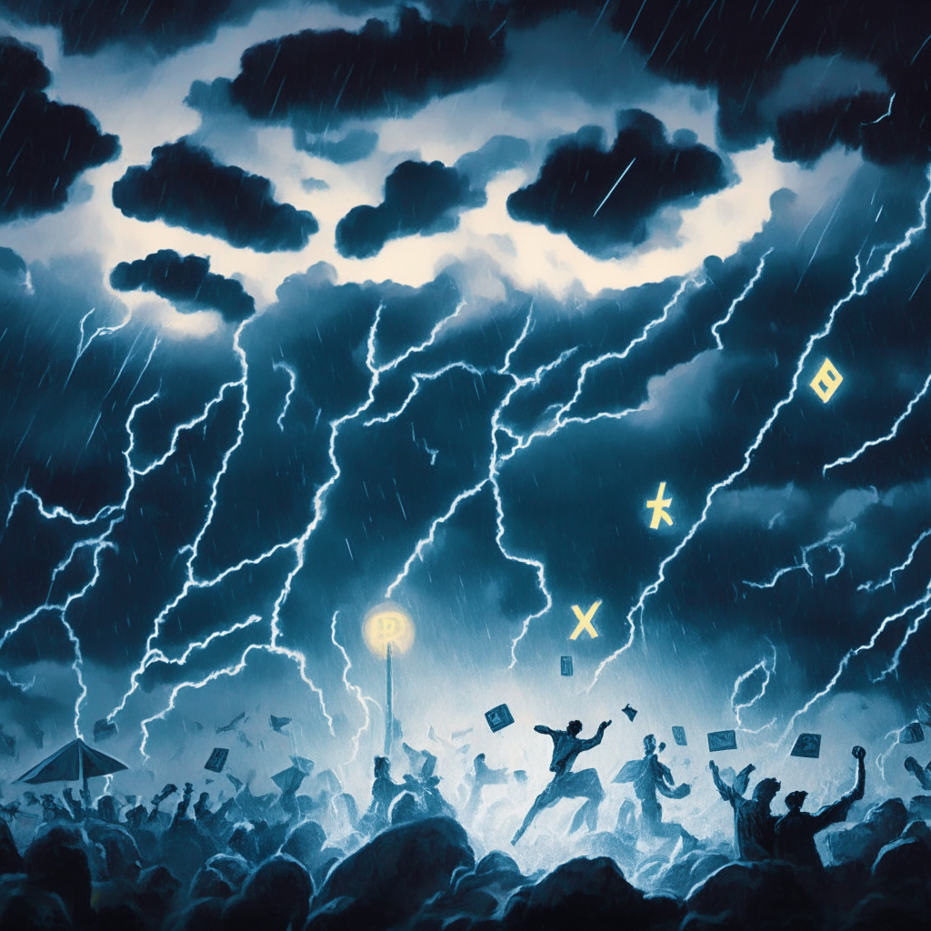 An intensely turbulent crypto market scene under a stormy sky, pastel-colored XRP tokens appearing like stars, shooting upwards against a dark, moody backdrop. Amid the chaos, a beacon-like Gemini cryptocurrency exchange conspicuously stands, haltingly pulsing light, indicating a temporary pause in the lightning-lit nocturnal setting. The atmosphere is thick with ambivalence, a combination of unease and anticipation.