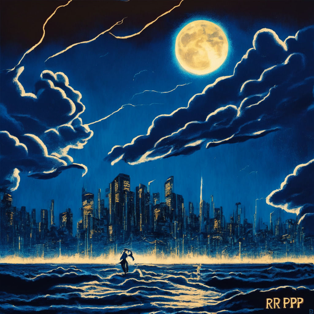 Dali-esque depiction of a crypto coin named XRP surging into the skies in an electrifying manner, bathed in twilight hues that capture the 20:30 UTC timestamp. The background depicts a towering metropolis, symbolizing its brief meteoric market capitalization. Couple with a sense of fleetingness, the coin crashes back into a calm ocean allegorizing spot market levels. An almost comical scene to indicate a jumbled trade deal. As a reminder of its final state, the coin, now at 63 cents, lies on a sandy shore under a sobering gray sky, hinting at the volatile world of cryptocurrencies.