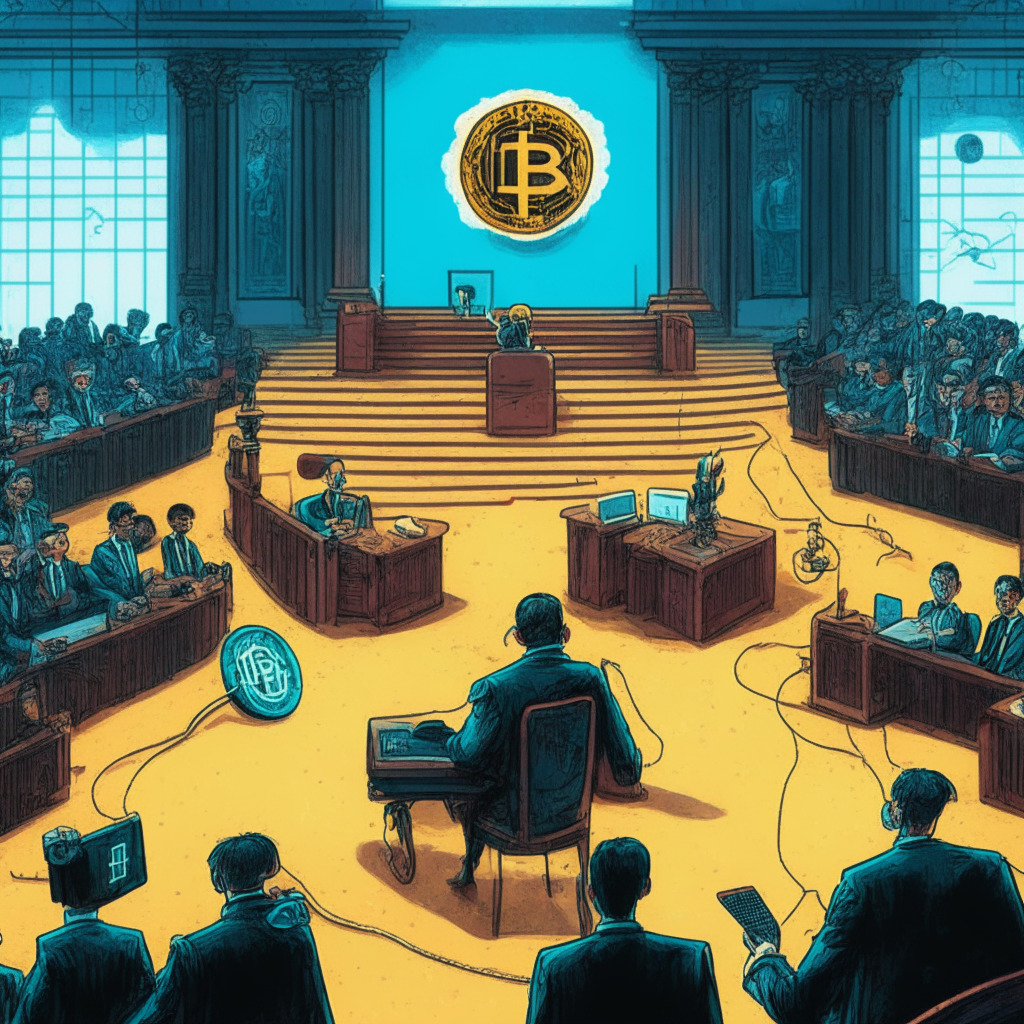 An intricate scene depicting the dichotomy of blockchain's future: a striking courtroom with an individual requesting internet access, a cut cord symbolizing severed ties with sanctioned banks, children being educated in a made-over school in Vietnam, a vigilant figure uncovering Twitter scams in a cyber environment, a world leader standing under a global banner advocating for crypto regulation, a grand scale displaying massive Bitcoin investment and looming danger of a bubble, all painted in a chiaroscuro style, reflecting both the potential illumination and intimidating shadows of future challenges.