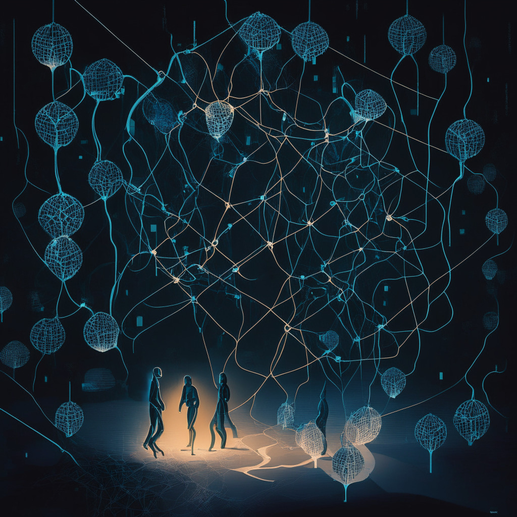 A complicated web of crypto interactions in twilight hues, featuring figures symbolizing WhiteBIT and Justin Sun. Glowing nodes represent high APYs, creating a risky but alluring pathway. Subtle traces of liquidity flow hint at the underlying complex transactions, background shadows symbolize lurking uncertainty, tension fills the surreal, moody scene.