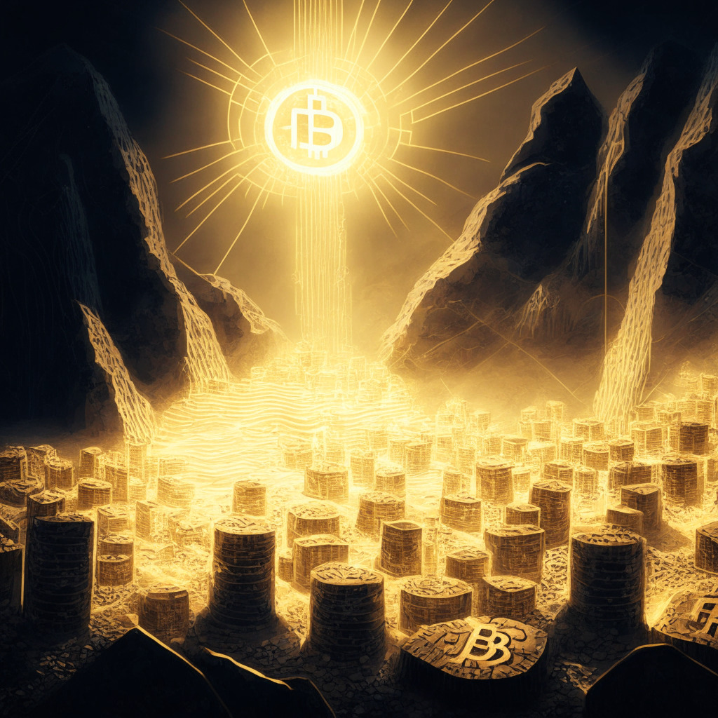 Digital illustration of Moria, mimicking the depth and mystery of the mining kingdom from Lord of the Rings, glowing with streaks of golden Bitcoin symbols, illuminated under the indirect, soft white light of a digitally advanced mining site. Atmosphere is filled with intense activity, symbolizing vigorous tasks performed by Bitcoin miners. Environment driven by renewable wind and solar energy, visualized by circulating wind turbines and radiant solar panels, denotes sustainable productivity. The mood is a blend of anticipation and complexity, reflecting on the role of advanced data analytics tools in this scene.