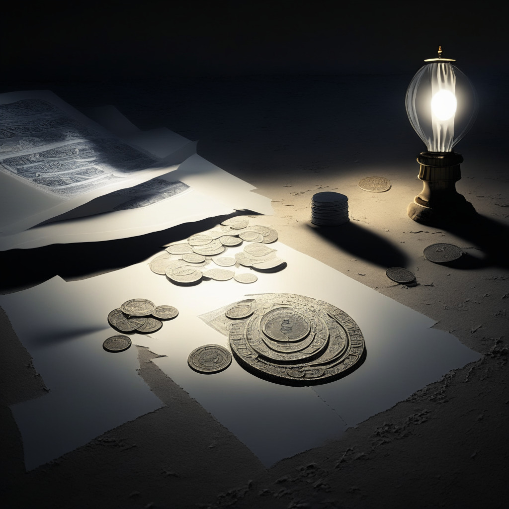 Enigmatic digital scene set at dusk, portraying a shiny new coin emanating a gentle, cautious light amid notable skepticism. The coin sits atop a white paper, symbolising attempted transparency. Shadows cast by previous trials loom ominously, hinting at public scepticism. The background subtly incorporates elements of an IOU note and a locked vault, capturing unresolved anxiety. The scene is painted in a realistic yet sombre style.