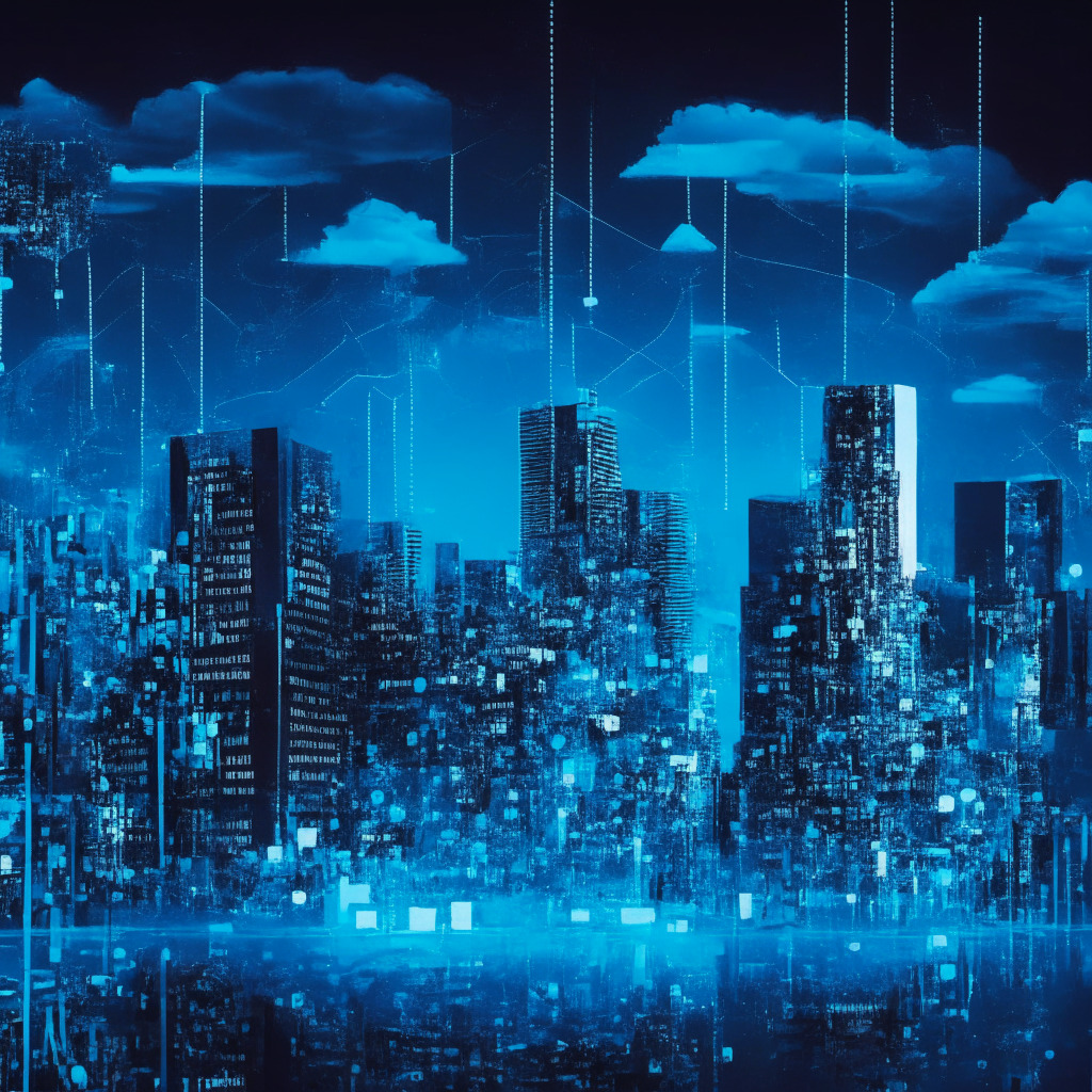 An abstract image capturing the concept of decentralized finance, a digital cityscape with structures symbolizing PayPal's stablecoin and Ethereum's transformation, brooding clouds representing regulatory uncertainties, a path leading towards a glowing city denoting Bitstamp's expansion, and digital streams depicting chatbot trading, in monochrome color scheme with pops of electric blue, under a twilight lighting setting, evoking a sense of anticipation, and mystery.