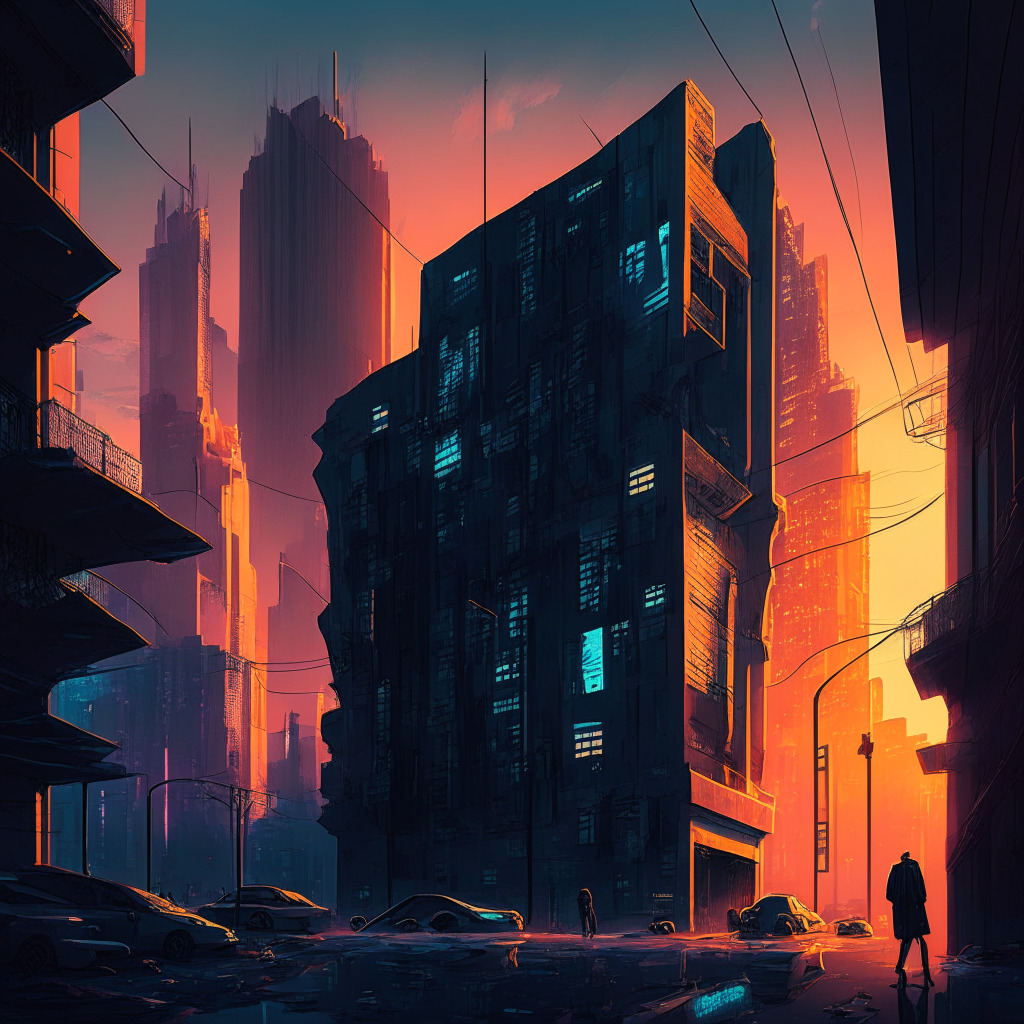 An intriguing perspective of a thriving fintech world in a form of a crypto-centric city street bathed in glowing dusk light. The scene displaying well-fortified building symbolizing Tether's robust liquidity cushion, contrasted with a looming shadowy building depicting a bankruptcy. Scribbled question marks on building walls reflect doubts about crypto's liquidity and security. Artistic style resembling cyberpunk futurism, evoking the feel of progress shadowed by uncertainty.