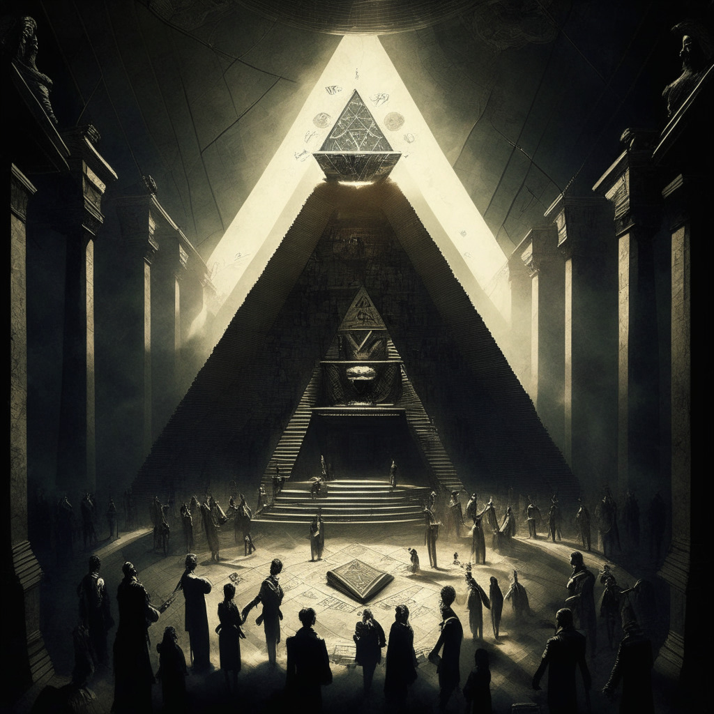 Gothic-style courtroom, a monumental pyramid made of coins at the center, surrounded by shadowy figures with ambiguous intentions. A sense of deception and entrapment in the air, as strings of connected people hinting at a network. Ethereal light seeping from a gap in the pyramid conveys promises of exaggerated returns, resulting in chaos and distortion.