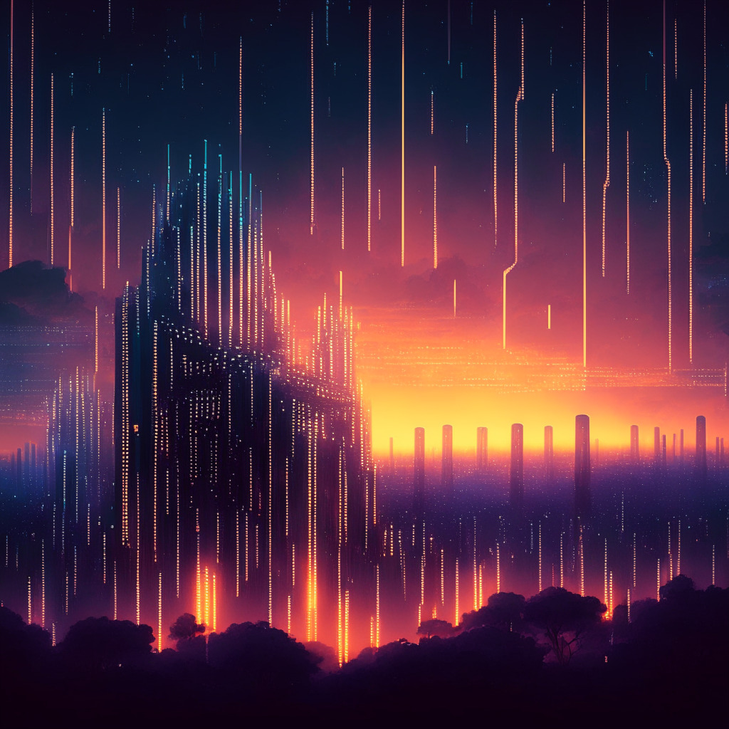 A twilight landscape depicting a secure, futuristic digital ciy, bathed in the warm glow of encryption symbols. Meticulous Art Deco style skycrapers are covered in lines of SQL code, creating a sense of solidity and trust. Ethereal lights drape the scene, symbolizing decentralized applications interacting with a vast, invisible blockchain. The scene subtly hints at the dualism of promise and uncertainty, an inherent mood of cautious optimism with almost eerie undertones.