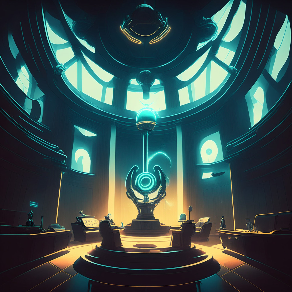 A surreal courtroom with futuristic elements, lit with a subtle, mystifying glow. In the foreground is a gavel falling, symbolising the judge's verdict. A large, symbolic representation of a blockchain interweaves the scene, intricate patterns of risk & reward illuminating from it. The mood is tense, filled with anticipation, the style reminiscent of Salvador Dali's dream-like scenarios.