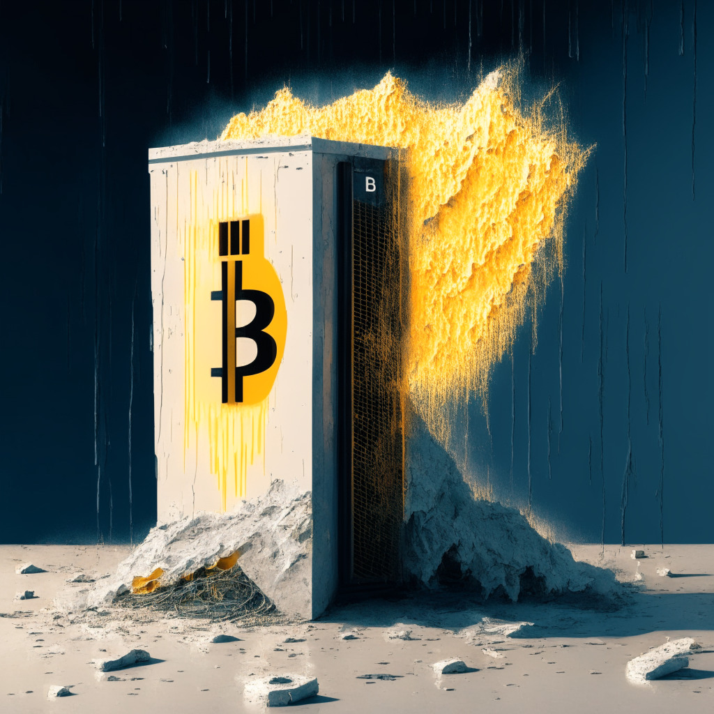 An abstract interpretation of the crypto market's volatility, represented by a modernistic juxtaposition of contrasting elements. A growing, tech-forward Bitcoin ATM bathed in warm, invigorating light, denoting the ascent of Bitcoin Depot. Adjacent, a desolate, crumbling crypto exchange blasted by harsh, cold light, signifying Dasset's downfall. The overall mood, a dramatic clash between success and failure in a complex, unpredictable market.
