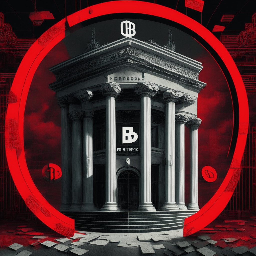 Scene of the Russian Bank surrounded by elements of blockchain technology, a symbolic digital Ruble – represented by a circle-encased international ruble symbol - distinct in the foreground. Use a palette of red, black, and white. Style should convey future realism, illuminate the scene in low, dramatic light, the mood brooding yet hopeful, highlighting the expectancy and skepticism surrounding the new digital age. At the sky, a large ominous but partially visible 2025/2027, symbolizing the cautious timeline.