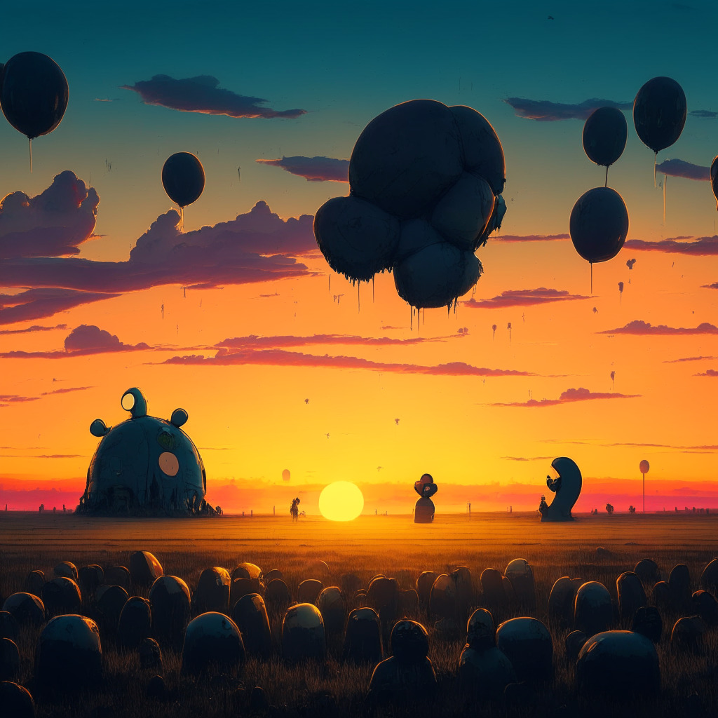 A landscape twilight scene, dystopian style, sun setting on a field filled with cracked, deflating balloon-animals resembling PEPE, SHIB, APE. Silhouettes of sturdy treasure chests festooned in far distance, symbolising traditional cryptocurrencies. Mood: cautious optimism.