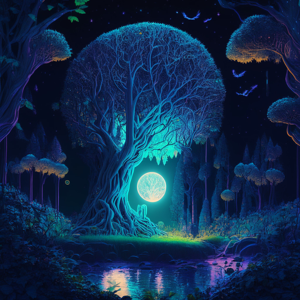 An ethereal digital landscape bathed in moonlight, centered around a tree growing fluorescent NFTs like fruits, reflecting the progressive growth of Bitcoin blockchain. The mystical forest-style artwork reflects the uncertainty and pioneering spirit of the Open Ordinals Institute while translating the complex workings of crypto into a tranquil, dream-like scene.