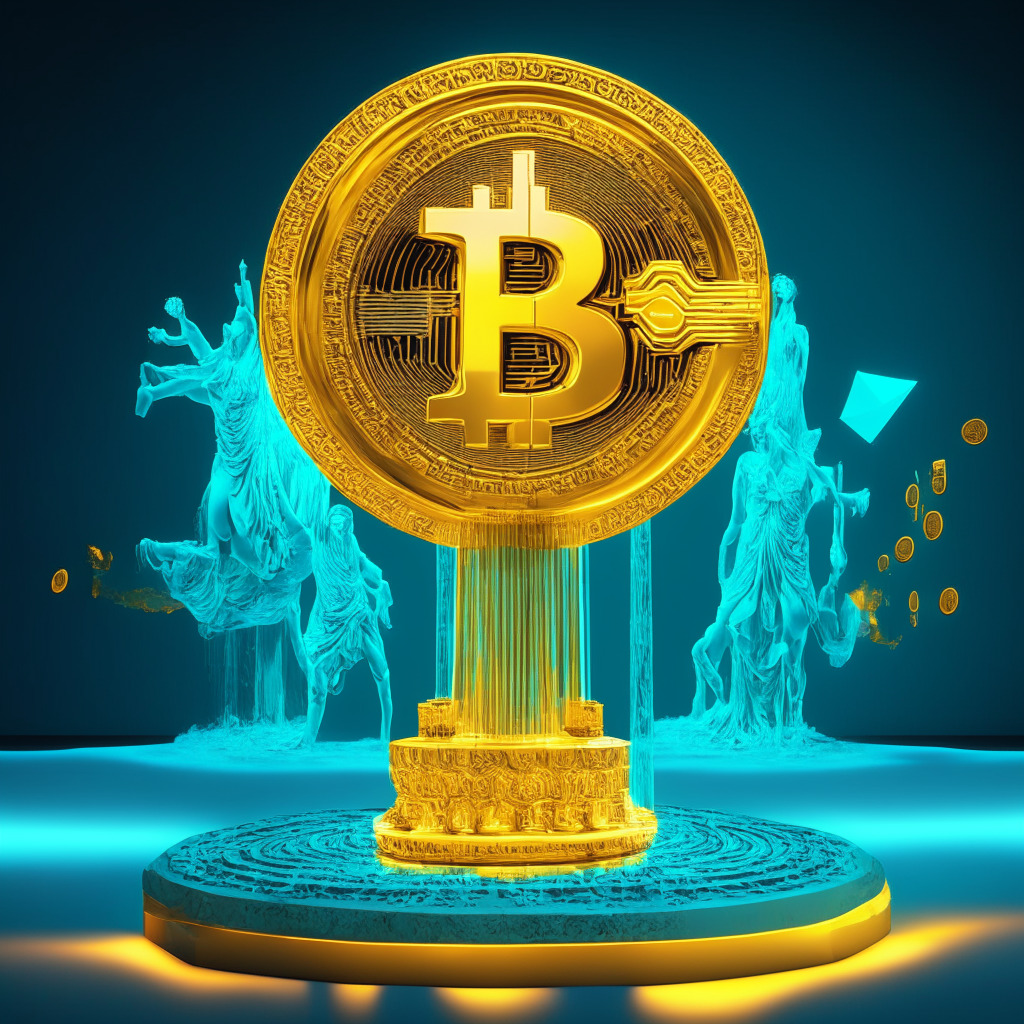 A powerful golden Bitcoin elevated on a digital pedestal, circling Ethereum coins in a vibrant, dynamic dance. An atmosphere of anticipatory excitement captured through warm, radiant lighting. Ripple effect design on pedestal symbolizes its eminent rise, yet firm grounding. Dominating foreground, new player BTC20, larger and more detailed, winks with a turquoise glow, symbolic of promised high ROIs. Background depicts a grand stage, with gradients of teals and blues, evoking mood of grand crypto listing event.