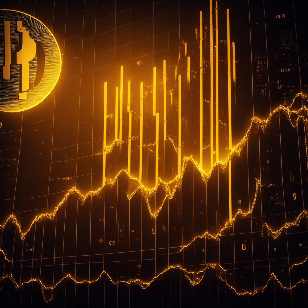 Golden spotlight on towering digital symbol of Upbit while fading Coinbase and OKX icons in the backdrop, chart illustrating a dramatic volume increase, subdued twilight ambience for uncertainty, looming shadows of legal papers for CEX scrutiny, aggressive brightness highlighting surge towards DEX, composite frame in Surrealist style reflecting cryptocurrency market's volatility and suspense.