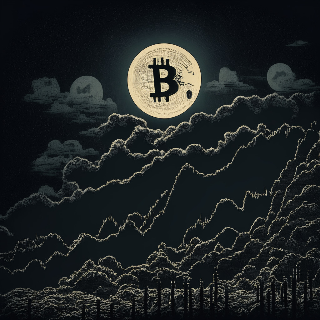An intricately detailed night scene symbolizing Bitcoin's market turbulence, The moon represents the usually supportive Jackson Hole Economic Symposium, slightly veiled by ominous dark clouds embodying fearful sentiments, panic, and uncertainty. The foreground, a fluctuating line graph encoding the BTC price action on an antiquated parchment. Cryptocurrency traders are depicted as shadowy silhouettes, reflecting serious contemplation, anticipation, and fear set against a backdrop of an ancient, cobblestone market square under the subtle, unsettling glow of dimly lit lanterns.