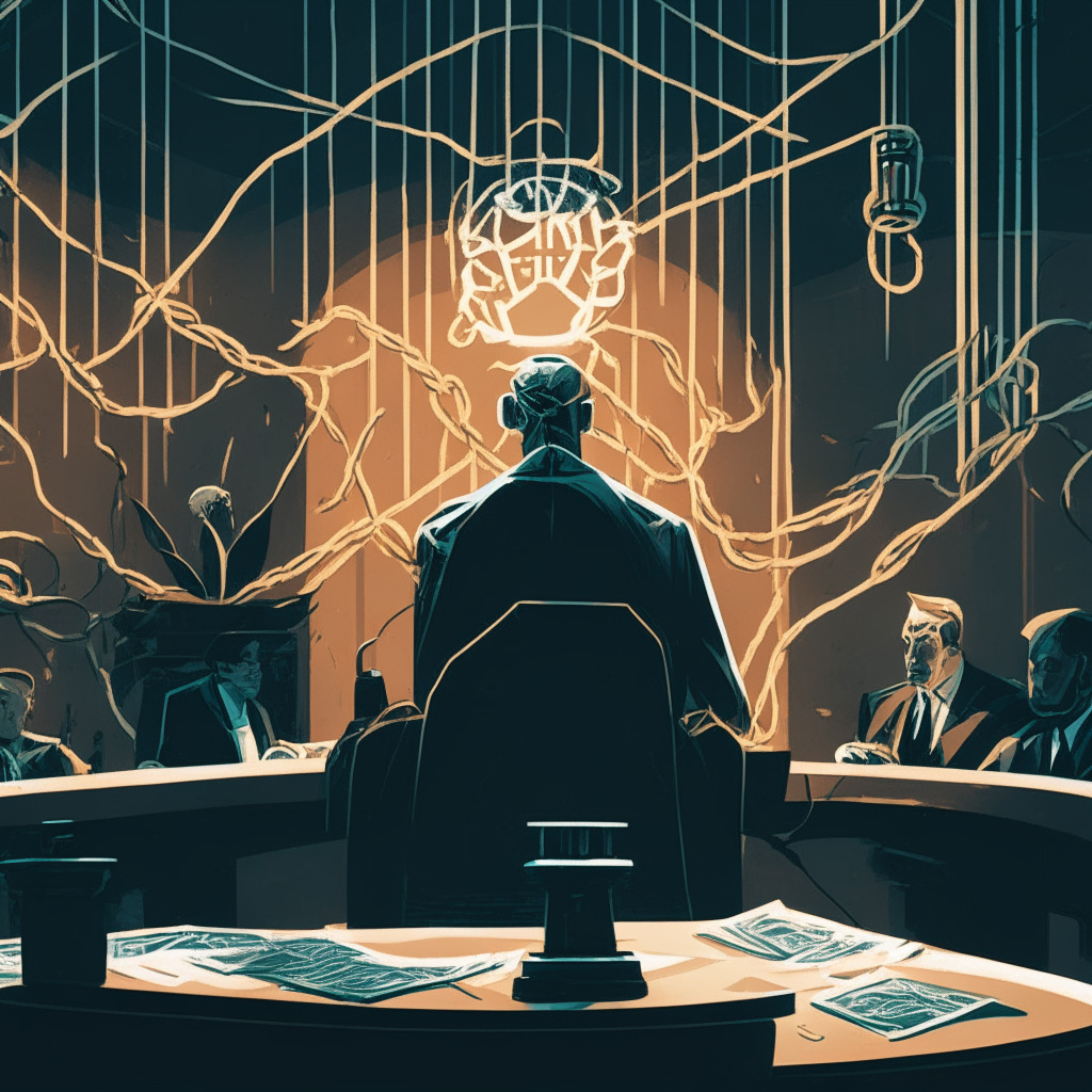 A courtroom scene with cool tones and harsh, contrasting lighting, highlighting tension and serious atmosphere. Foreground is dominated by a stern, authoritative judge, seemingly passing judgment. In the background, symbolic representations of cryptocurrency services, including abstract, tangled vines representing a 'crypto mixer'. The mood is tense, symbolic of a significant regulatory standoff. No logos or brands.