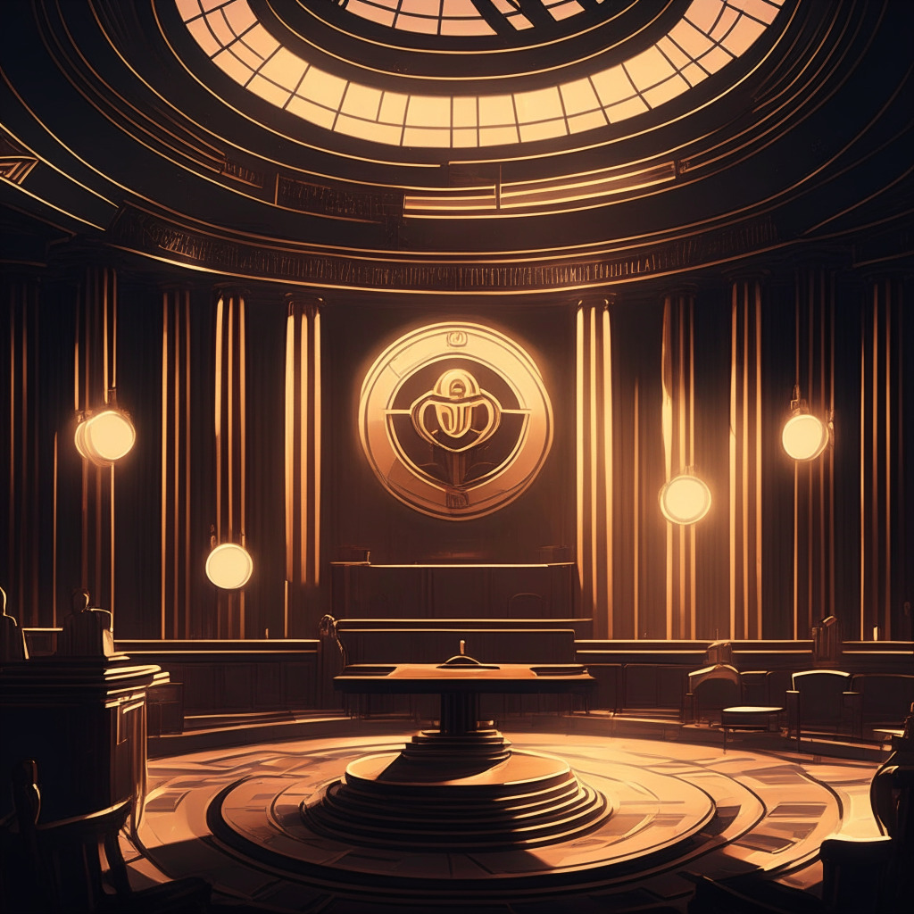 Dusk-lit courtroom, veiled in suspense and anticipation, filled with painstakingly rendered crypto icons. The centerpiece: a golden scale symbolizing SEC's consequential decisions. Art Deco styling, to juxtapose the modern subject with an antique ambiance. Mood: tense, hushed expectancy.
