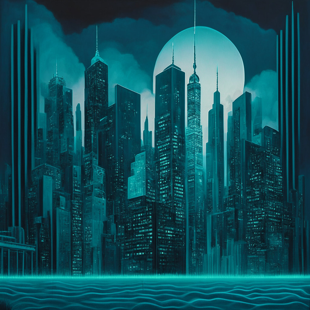 Modern financial cityscape in hues of gray and teal, financial district illuminated under a quiet evening sky, subtly representing the volatility of Ether. Incorporate symbols of currency trading, ETFs, and futuristic elements to represent cryptomarkets. Artistic style: detailed surrealism. The mood: a balance of curiosity and caution.