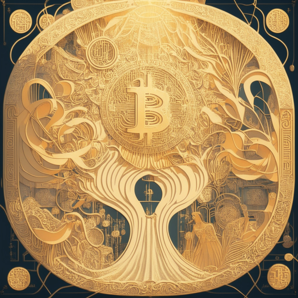An abstract, digital representation of a stylized Bitcoin floating in an intricate sequence of personalized characters, reflecting the idea of vanity Bitcoin addresses, Art Nouveau style, soft, golden backlighting from a low-hanging sun, giving an allure of mystery and innovation, conveys a sense of caution and excitement.