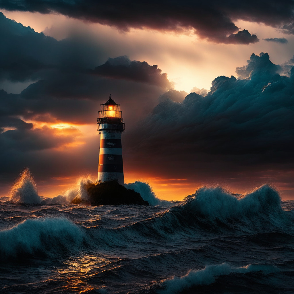 A turbulent seascape at sunset, symbolizing Vessel Capital's venture into Web3 infrastructure. The sea is filled with encrypted codes, representing crypto. A far-off lighthouse emits a guiding beam, reflecting the fund's advisory role. Dark storm clouds loom overhead, hinting at the venture capital downturn, but the vibrant colors of the setting sun transmute the scene into an audacious but appealing riskiness. The mood is one of bold cautious optimism mixed with ambiguous expectations.