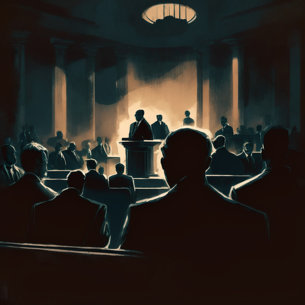 A tense, gloomy courtroom scene taking place at dusk, where symbolic figures of a large, vibrant crypto coin labeled 'Binance' on trial, alongside big, solemn, shadowy figures of credit card entities. The mood imbued with uncertainty, anxiety and anticipation, painted in chiaroscuro style to deepen the drama, tension and the gravity of the situation.