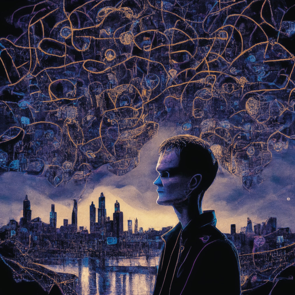 A swirling network of intricate cryptocurrency systems against a backdrop of an early dusk, Vitalik Buterin, co-founder of Ethereum, outlines his critique towards a shadowy entrepreneur figure, the scene is tinged with a somber cautionary mood punctuated with stark, cool lighting. In the distance, AI machinery hums with electric vibrancy, symbolizing burgeoning optimism.