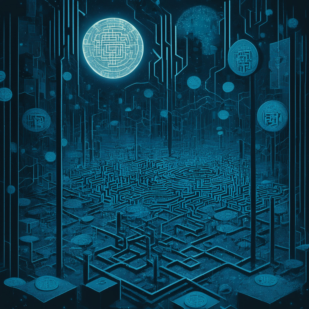 Dystopian-style depiction of a complex financial maze, gloomy atmosphere bathed in cold moonlight, within the center of a digital universe. Numerous cryptocurrency coins (Ether, Shiba Inu, Voyager Token, Chainlink) are in motion, signaling turmoil. Predominant colors are deep blues and greys to instill a sense of financial intrigue and apprehension.