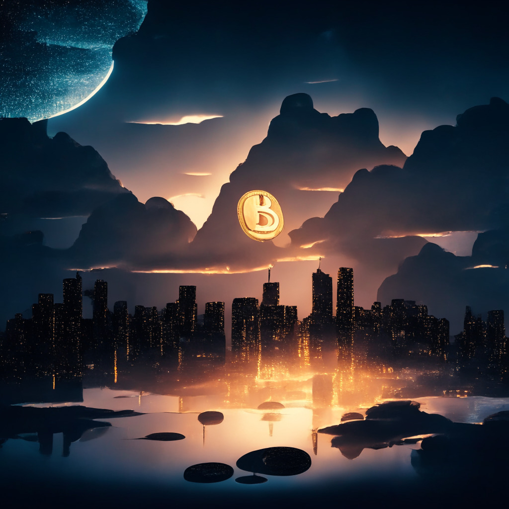 An abstract cryptocurrency landscape at dusk, reflecting a tense yet hopeful mood. In the foreground, a stylized coin, representative of Wall Street Memes coin, highlighted by soft luminescent light soaring towards the cloudy, moonlit sky. The background represents a Wall Street-like cityscape bathed in twilight hues, symbolizing traditional finance. Light beams break through the clouds, illuminating several small, silhouetted figures below, embodying everyday retail investors on a path toward financial empowerment.