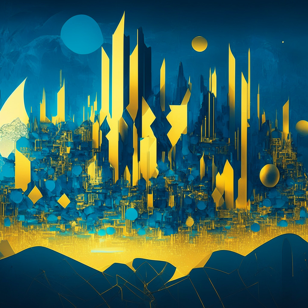 Surrealistic landscape showcasing a thriving digital city, embodying EigenLayer's exponential growth in TVL. Dusky lighting with hues of blue and gold, implying the mystery and potential of DeFi sector. Incorporate symbolic elements of staking, validation, and participation, crafting a sense of collective effort and democratic decision-making.