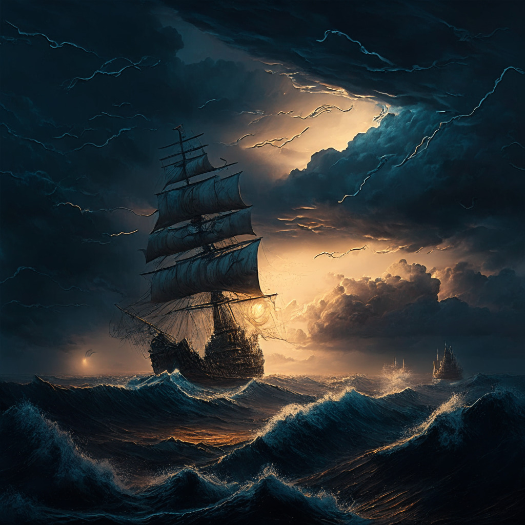 Dramatic storm-swept seascape at dusk, featuring an ancient ship bravely navigating turbulent waters, symbolizing perseverance and resilience. Incorporate warm, low light setting, invoking a heroic, inspiring mood, with coins representing Bitcoin, Ether and Tether on the horizon, symbolizing traded assets. Vague city skyline in the distance embodies towering financial goals.