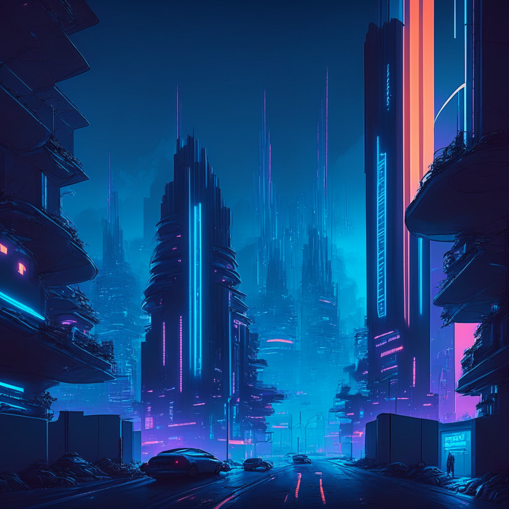 A futuristic cityscape at dusk, digital buildings glowing with neon blue, hint of Web3 gaming world. In focus a metaphorical 'entrance' to new realm, maybe an illuminated portal or digital door. Art style - a mix of realist and cyberpunk. Mood - anticipation with challenges ahead. Light setting - illuminations reflecting on glistening streets. The contrast - FarmVille-like landscape against city skyline skillfully blending old and new gaming eras.