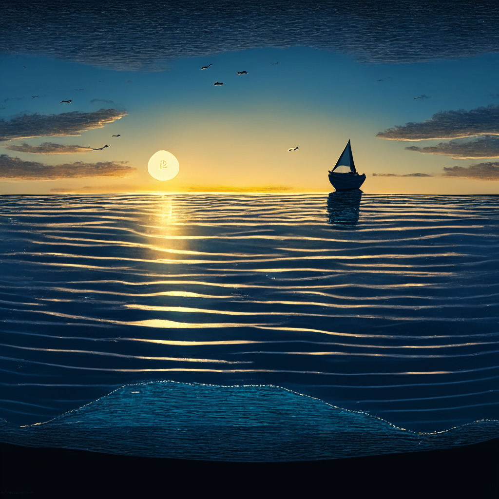 An evening seascape, calm serene ocean representing the silent crypto market, harmoniously divided between the warm sunset sky reflecting the hopeful Bitcoin resurgence. In the distance, a shadowy whale symbolizing the big investors, subtly peeking through the water surface. On another end, a small boat, representative of small investors showing resilience amid uncertainty, illuminated by a soft, diffusing moonlight, giving an aura of optimistic anticipation. Subtle shimmer on the darkened waters appears like newly activated crypto wallets. Use of vivid and mellow hues for a touch of symbolism and ambiguity, reflecting the unpredictability of the crypto sphere.