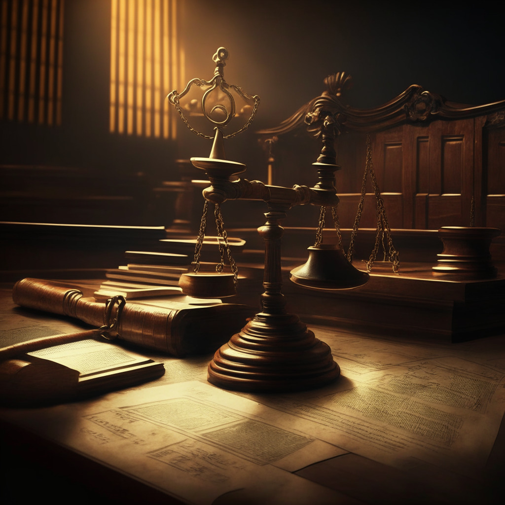 A vintage courtroom scene infused with a modern touch: a gavel, a written regulation document, and a non-fungible token, all illuminated by golden ambient light. Add a hint of dark shadows to reflect the unseen chains of regulation, blending the old-world charm with an edgy techno aura.