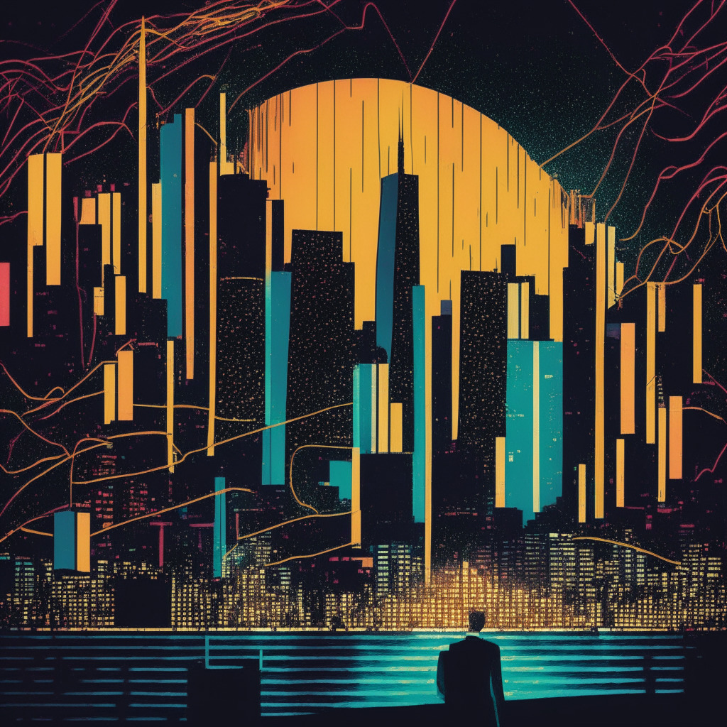 A nighttime view of Buenos Aires skyline transitioning into a Bitcoin symbol, mid-crisis economic turmoil represented by fluctuating colorful graph lines, a prominent figure, possibly a politician, in the foreground advocating for Bitcoin, the air of uncertainty and anticipation palpable. Artistic style to be cubism, lighting is dim with stark contrasts for dramatic effect. Mood is futuristic, tense, and hopeful.