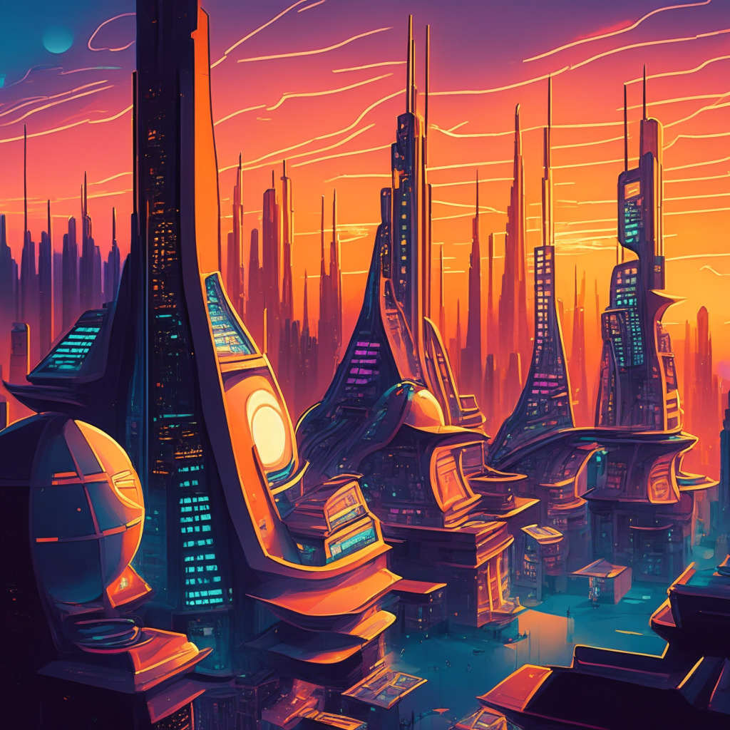 A futuristic cityscape at sunset blending traditional architecture with futuristic technology. Rooftops have aeriform communication devices, glowing in the twilight sky. Painted in the style of impressionism, the mood conveys a sense of democratic connectivity & affordability. Map-like etchings symbolize global service expansion, icons of mobiles and AI-infused blockchain signify the blend of the two technologies.