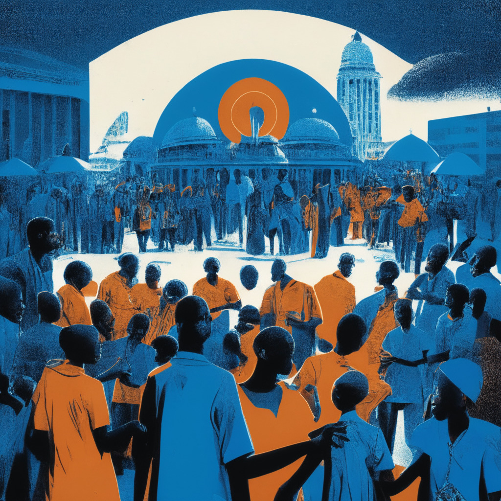 An image representing the controversial data collection in Kenya. A bustling marketplace full of people, each holding a shiny token representing the WorldCoin, an eye representing iris scan technology in the center, cast in cool blue hues, reflecting questions of safety and integrity. The backdrop is marked by the silhouette of legislative buildings, in a stark contrast of warm orange hues, illustrating the tension between innovation and regulation. The environment should ignite the debate between the perceived opportunity and potential threat of this situation. The image should evoke a sense of unease yet intrigue.