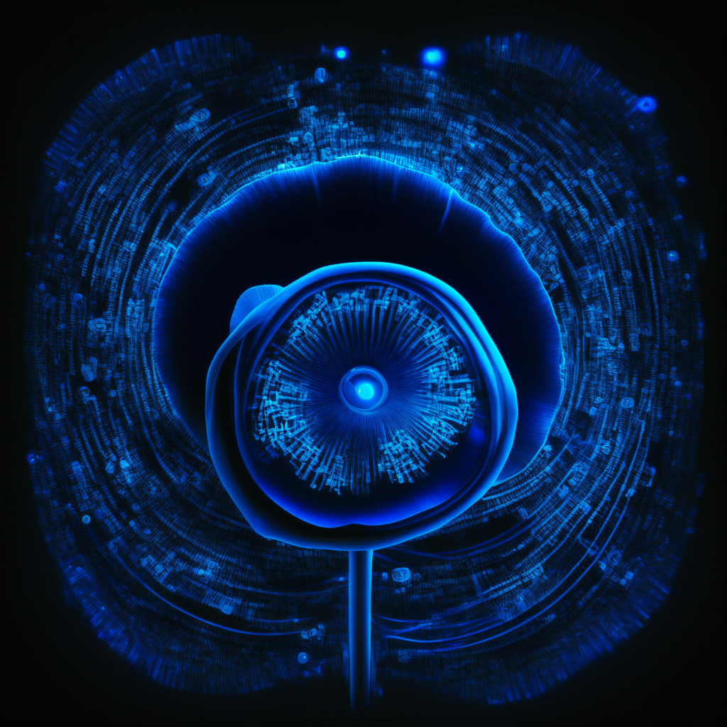 Abstract representation of an iris being scanned, emitting futuristic blue lights against a dark background. Digital codes are swirling within the blue light, suggesting high technology and verification processes. Warm and cool tones mingle to establish a mysterious mood, accentuating the complex interplay between privacy and progress. Subtle interpretation of a cryptocurrency, perhaps a coin or node, subtly incorporated into the composition to symbolize the Worldcoin. Touches of Impressionist style give a sense of uncertainty, and broad sweeping strokes evoke a sense of flux and dynamism.