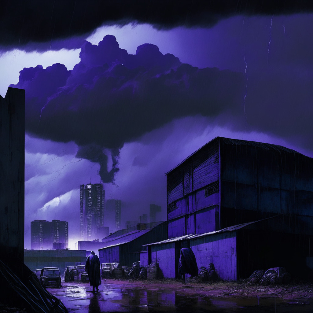A dusky, atmospheric scene in a stylistic grim realism manner, with Nairobi's city skyline under a stormy, moody sky. An ominous warehouse in the foreground, subtly lit with cool blues and purples, door ajar, hinting at covert activities. Silhouettes of Kenyan law enforcement officials, documents swirling in the gusty wintry breeze. Evocative of unease and tension, reflective of uncertain future for crypto in Kenya.