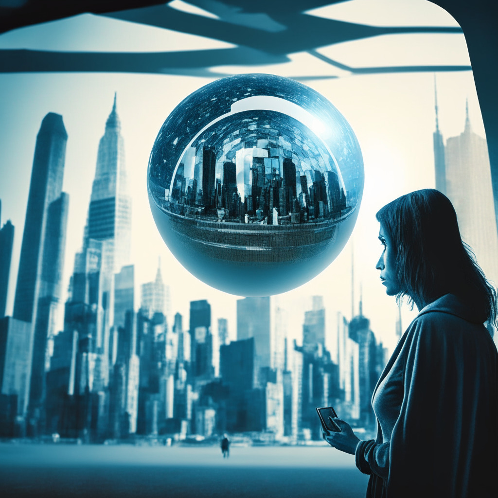 Dystopian future scene, Worldcoin's iris-scanning orb amidst a cityscape, intriguing juxtaposition of trust versus skepticism. Use cool tones to evoke a sense of caution, place the orb centrally, individuals in queue with anticipatory expressions. Contrast this with a distant figure paying with a Visa card in a warm light setting symbolizing innovative convenience, balanced with shadows of regulatory scrutiny.